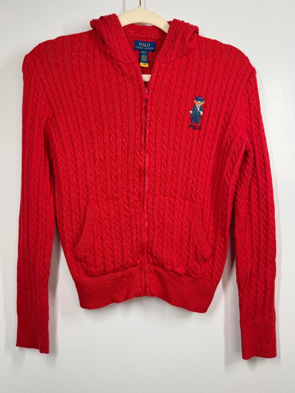 Polo Ralph Lauren Girls Red Cable Knit Polo Bear Full Zip Hoodie Zip Cardigan
